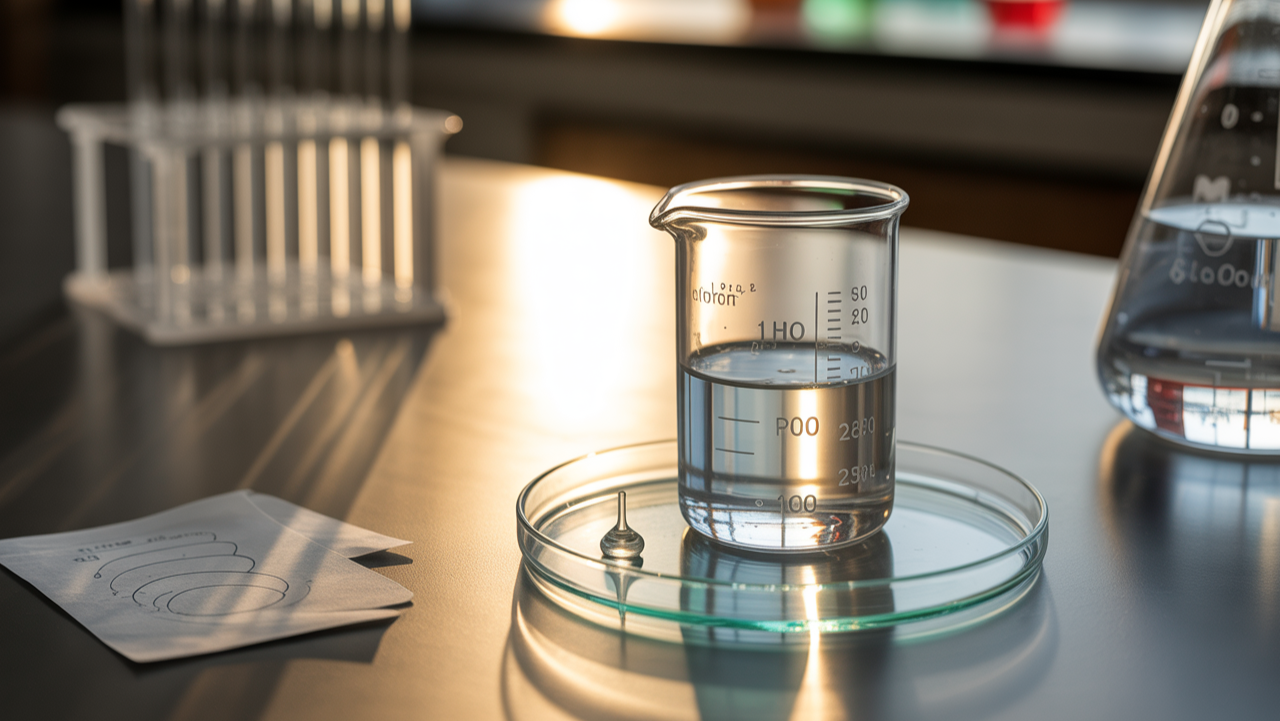 Laboratory setting with beakers and a petri dish on a table